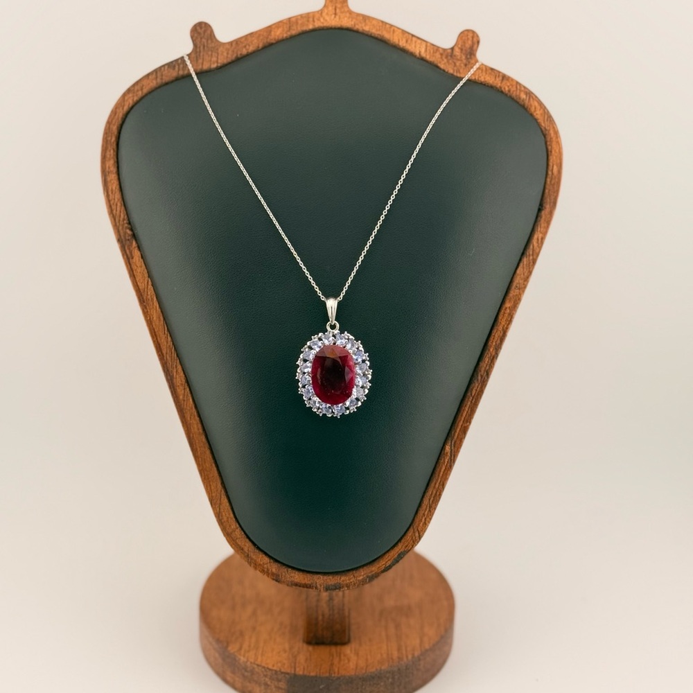 Statement 17.36ctw Dyed Ruby & Tanzanite Halo Necklace in .925 Sterling Silver